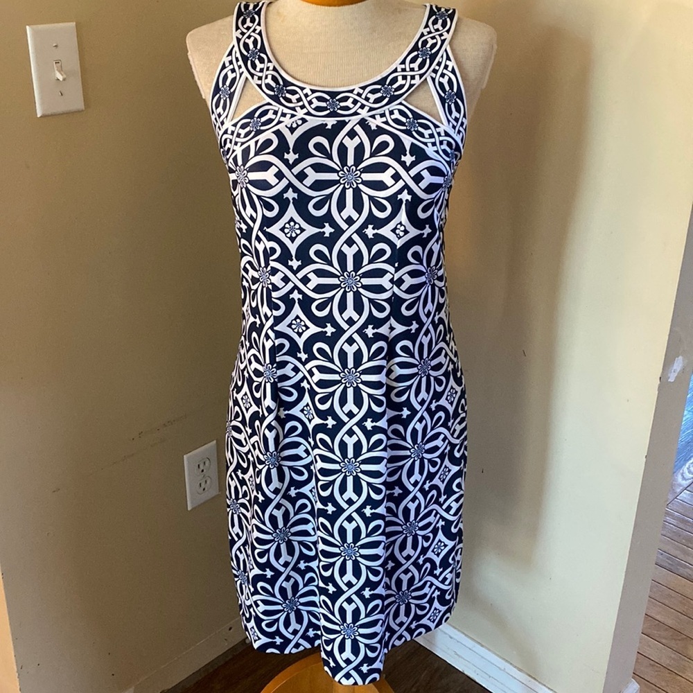 Jersey Isosceles Dress - Piazza - by blue & white Sz S resortwear country club